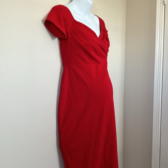 PinkBlush Red Solid Off Shoulder Sweetheart Neckline Maternity Fitted Dress - Picture 7 of 10